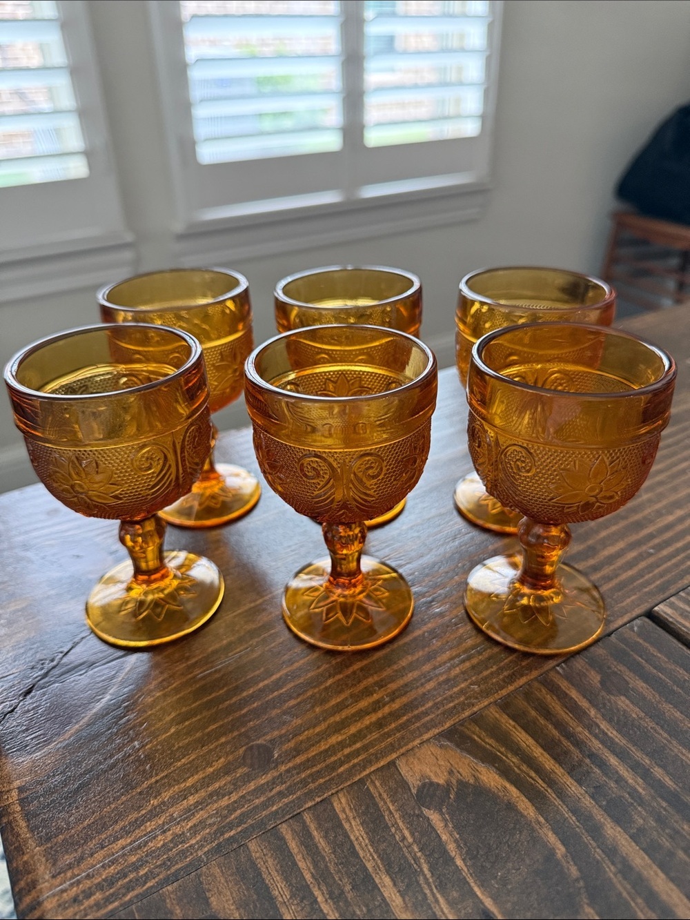 Indiana Glass Amber Goblet Set with Embossed Floral Pattern (6)